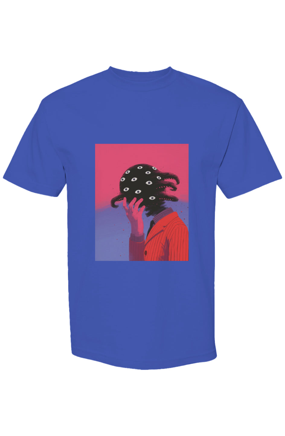 Royal-blue T-shirt from Shinjoku Streetwear XV | Six 25, featuring surreal graphic of a figure with a black, eye-covered mass for a head.