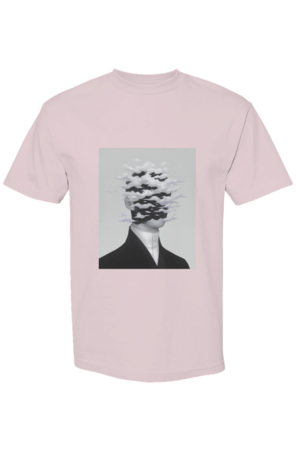 Light-pink Shinjoku Streetwear XVII | Six 25 T-shirt featuring a surrealist print of a cloud-headed man in a suit on the front.
