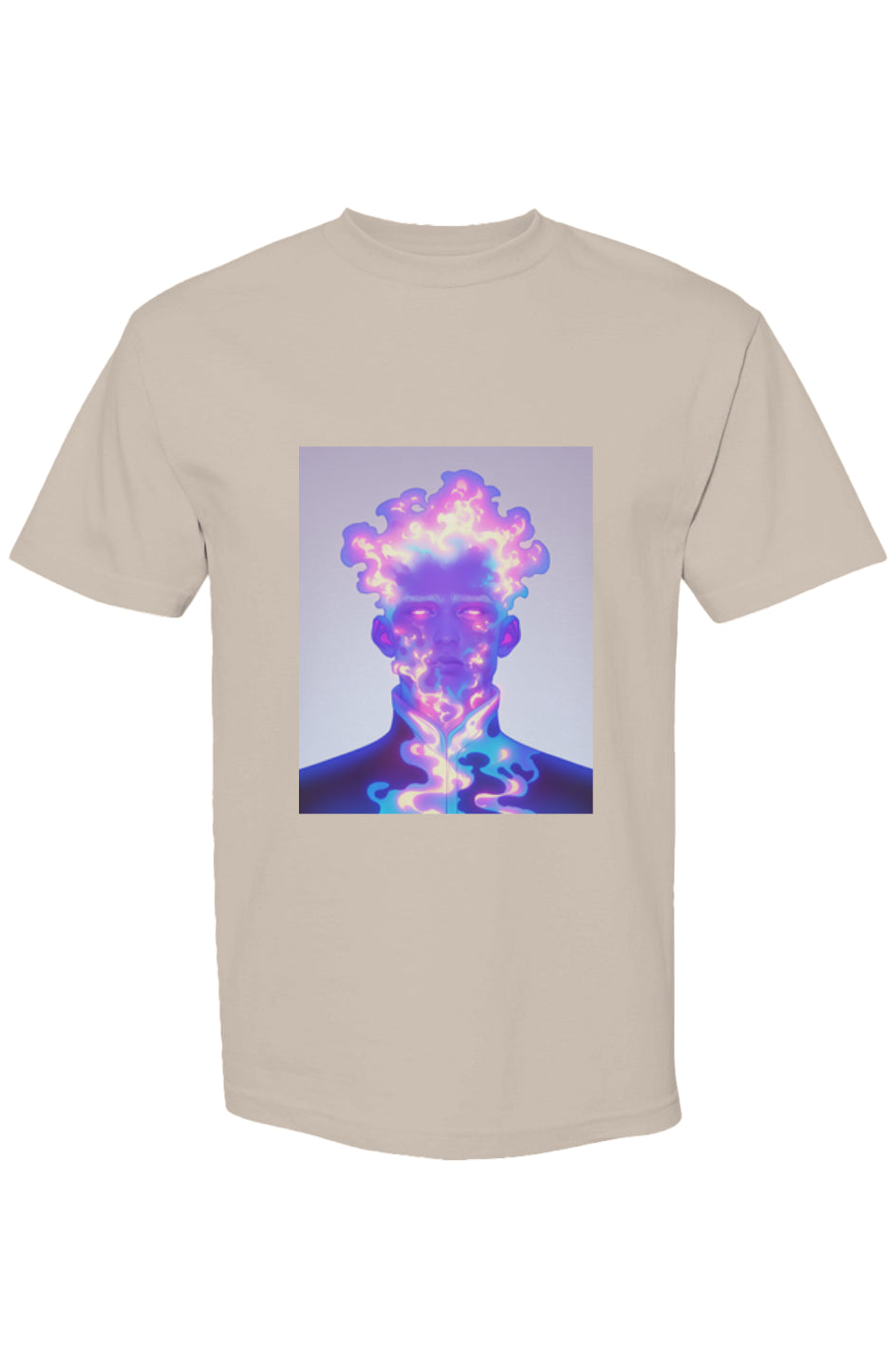 Shinjoku Streetwear XIX | Six 25: Beige T-shirt featuring a neon-style surreal portrait with flowing, ethereal elements, embodying digital-age expression on premium cotton.