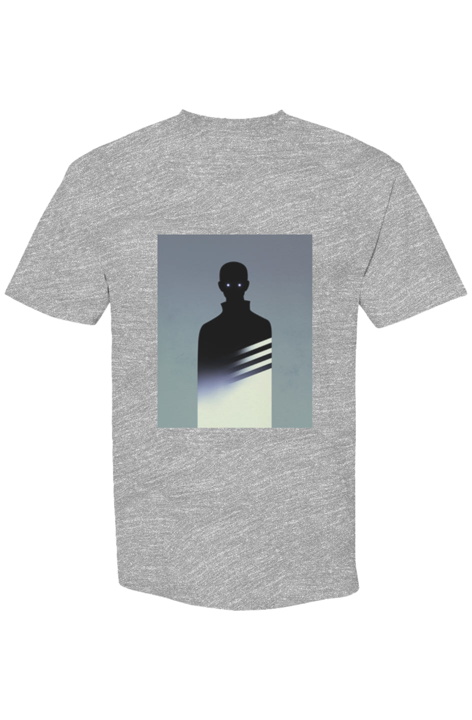 Heather-gray T-shirt, Shinjoku Streetwear XXI | Six 25, featuring a silhouetted figure with glowing eyes on a gradient background, diagonal streaks, in a relaxed fit.