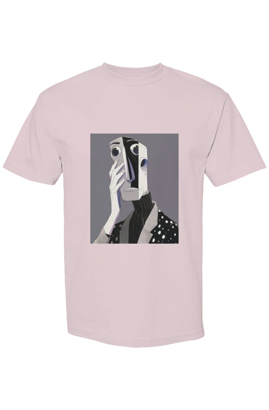 Light-pink T-shirt from Shinjoku Streetwear XXIII | Six 25, featuring an abstract figure with a mask graphic, merging digital artistry with urban style.