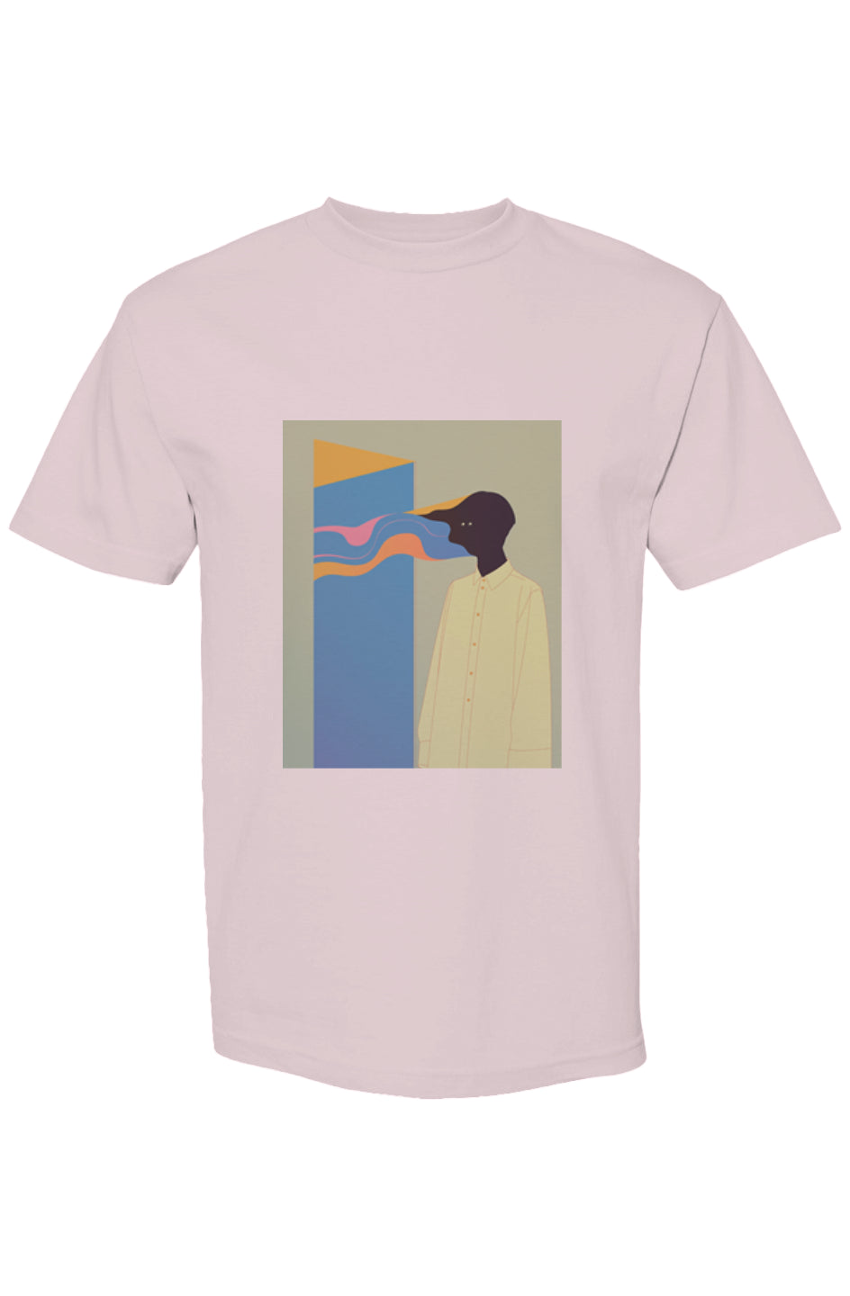 Light-pink T-shirt from Shinjoku Streetwear XXV | Six 25, featuring an abstract graphic with a faceless figure and multicolored ribbons against a minimalist design.