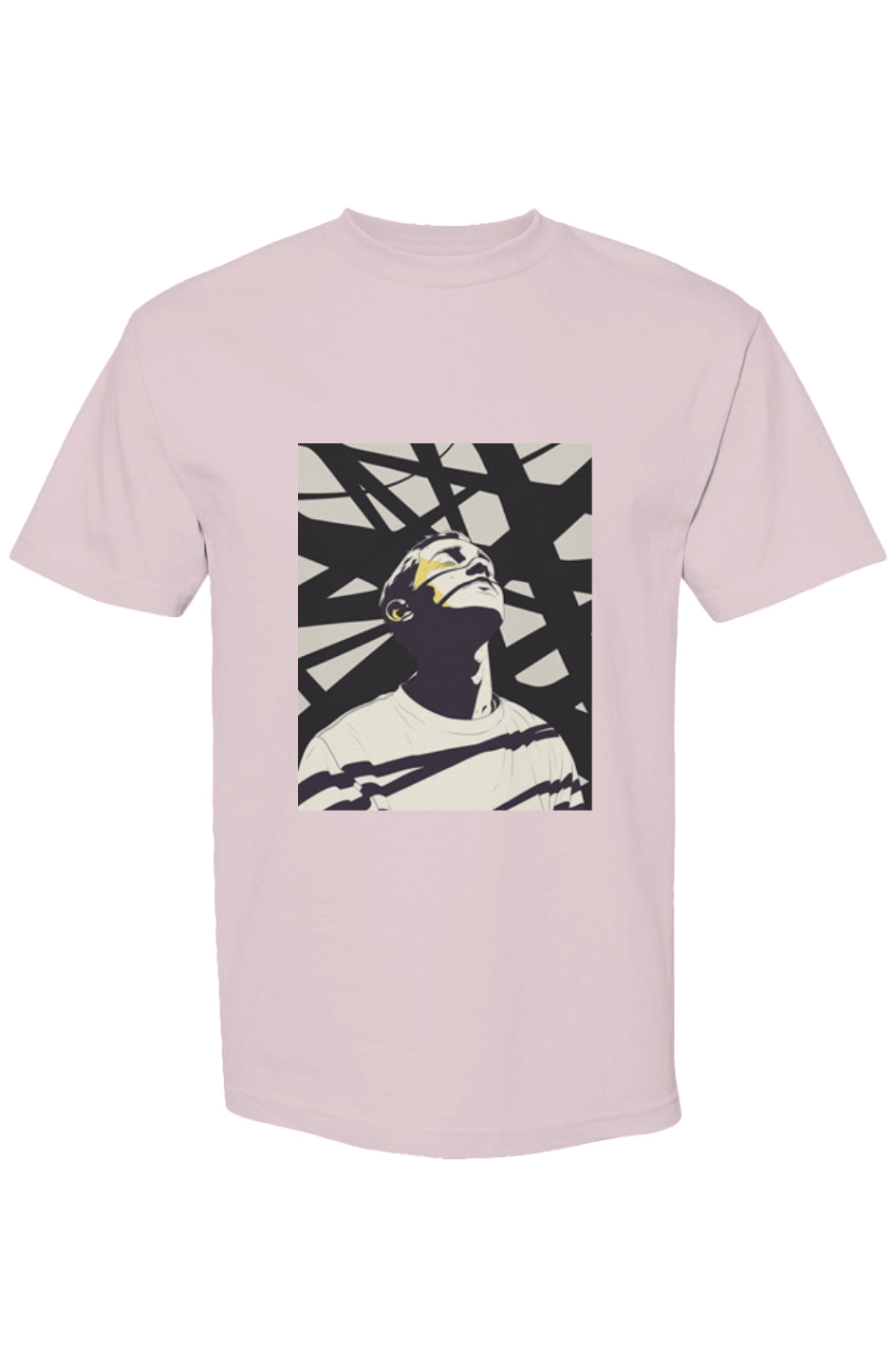 Light-pink T-shirt from Shinjoku Streetwear XXVII | Six 25, featuring a stylized graphic of a person with shadow-stripe patterns, embodying modern digital artistry.