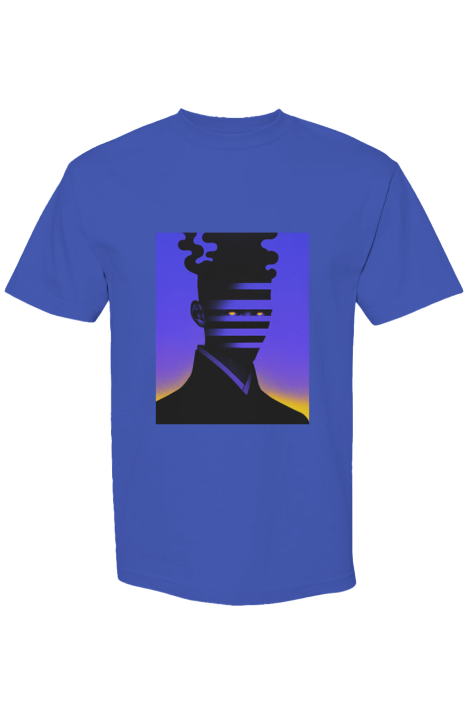Shinjoku Streetwear XXX | Six 25, royal-blue tee with surreal graphic: silhouette with slatted face, glowing eyes, against gradient background.
