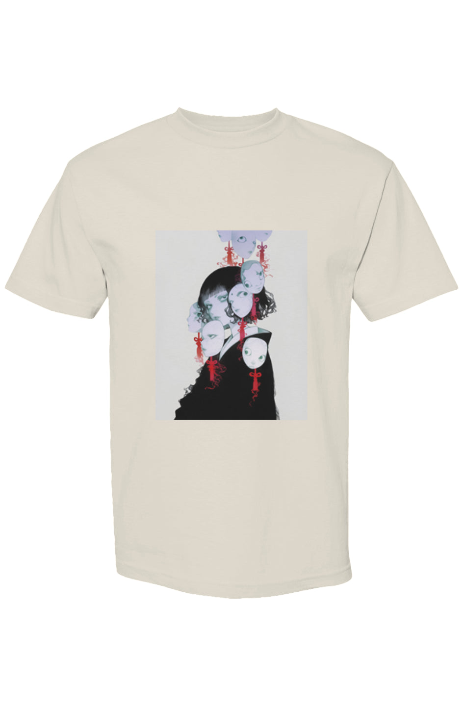 Light-beige Shinjoku Streetwear VIII | Six 25 T-shirt featuring a surreal graphic of a figure with floating white masks on the front.