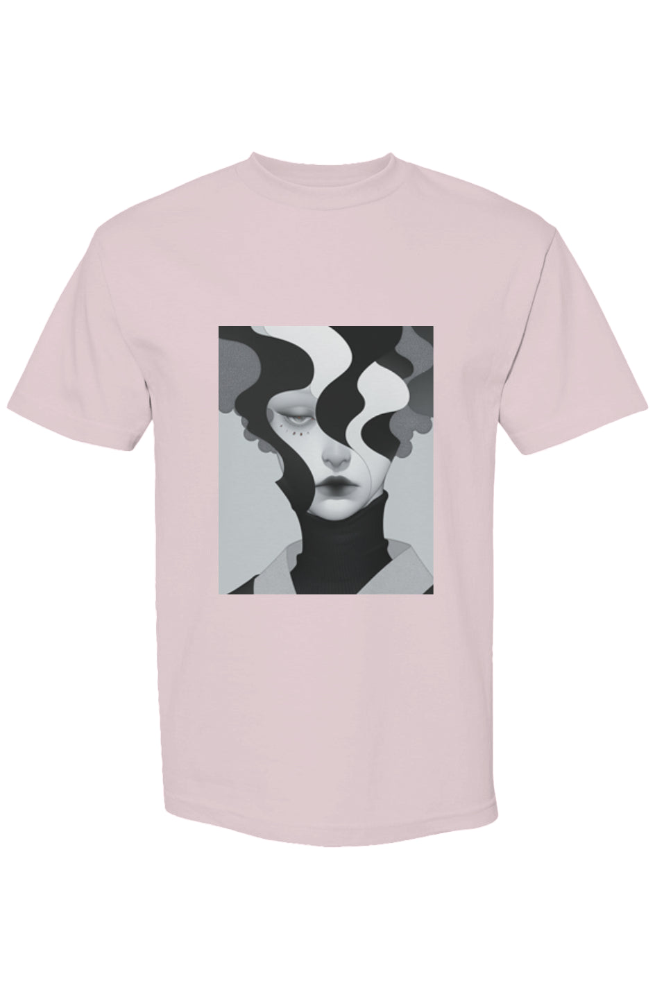 Shinjoku Streetwear X | Six 25 T-shirt features a surreal monochrome face print, flowing ribbon elements, in a minimalist, dreamlike style on heavyweight cotton.