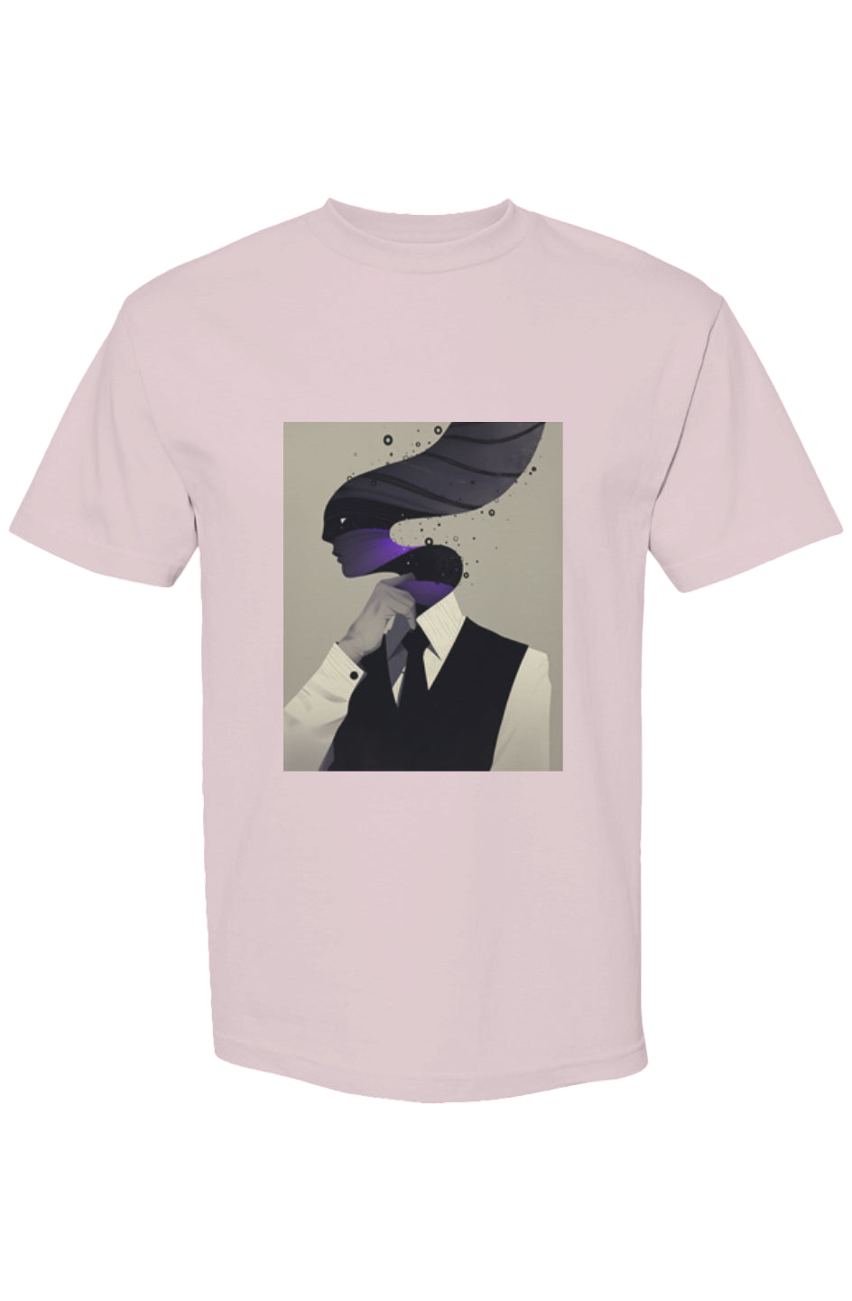 Shinjoku Streetwear XI | Six 25 T-shirt featuring a surreal graphic of a person lifting their head, revealing a cosmic-purple swirl with star-like specks.