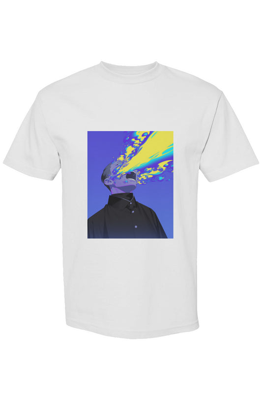 Shinjoku Streetwear XVIII | Six 25: A white T-shirt featuring a stylized graphic of a figure with colorful abstract shapes, embodying digital-age streetwear artistry.