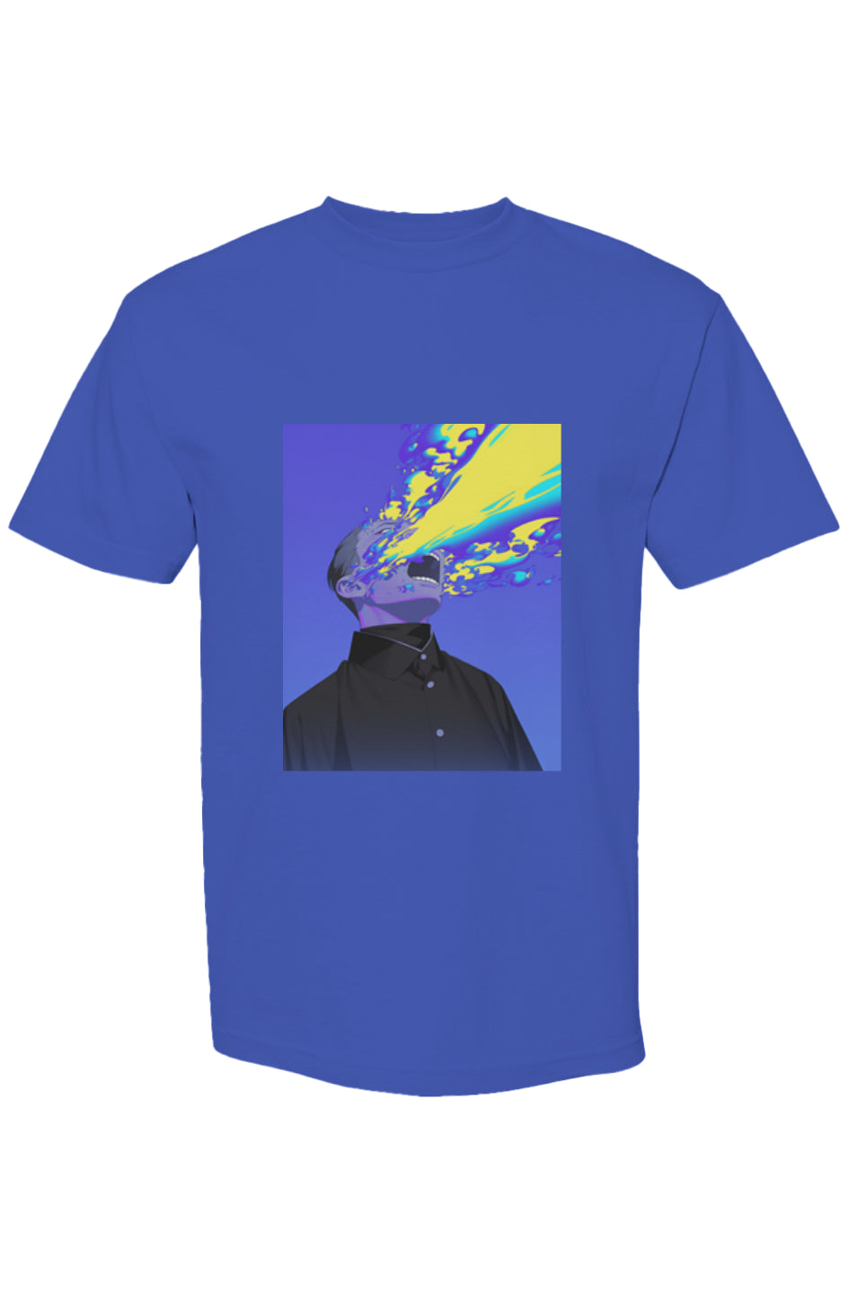 Shinjoku Streetwear XVIII | Six 25 T-shirt featuring a vibrant graphic of a figure with neon streams, showcasing surreal artistry on royal-blue cotton.