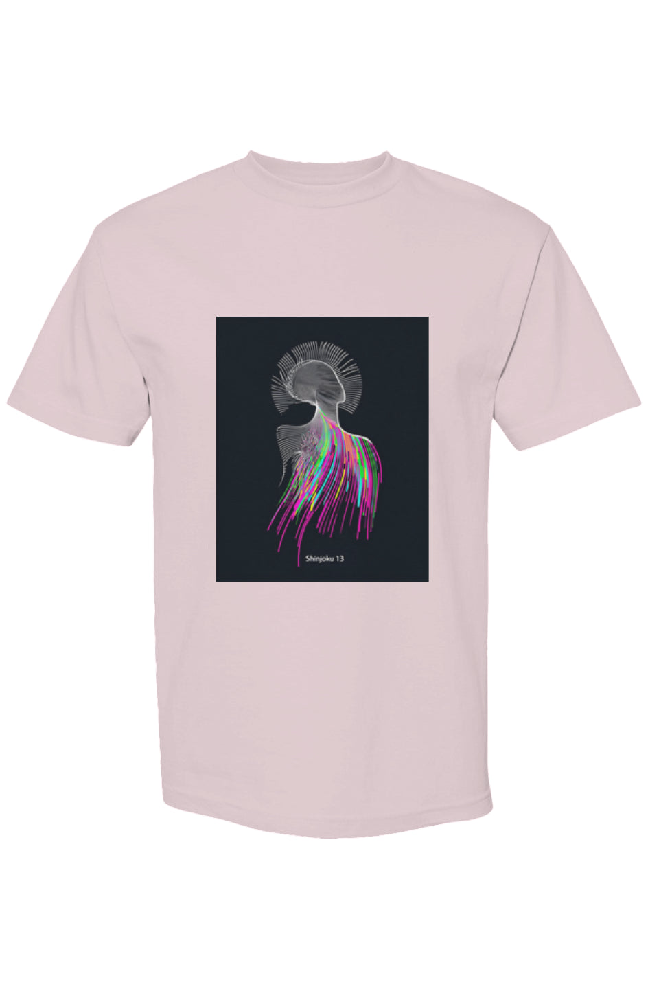 Light-pink crew-neck T-shirt featuring Shinjoku Streetwear XXXI | Six 25 with an abstract grayscale silhouette, radial halo, and neon-colored cascading lines.