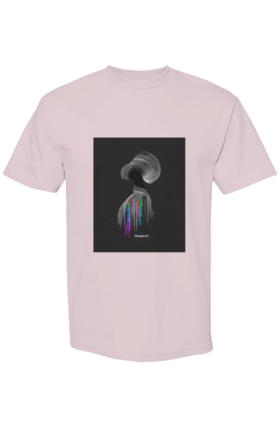 Shinjoku Streetwear XXXII | Six 25 T-shirt featuring an abstract silhouette on black, with colorful drips and Shinjuku13. text below.