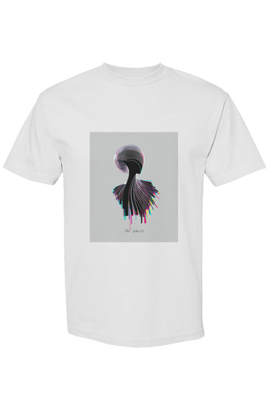 White short-sleeve T-shirt featuring an abstract, stylized bust graphic in layered lines; part of the Shinjoku Streetwear XXXIII | Six 25 collection.