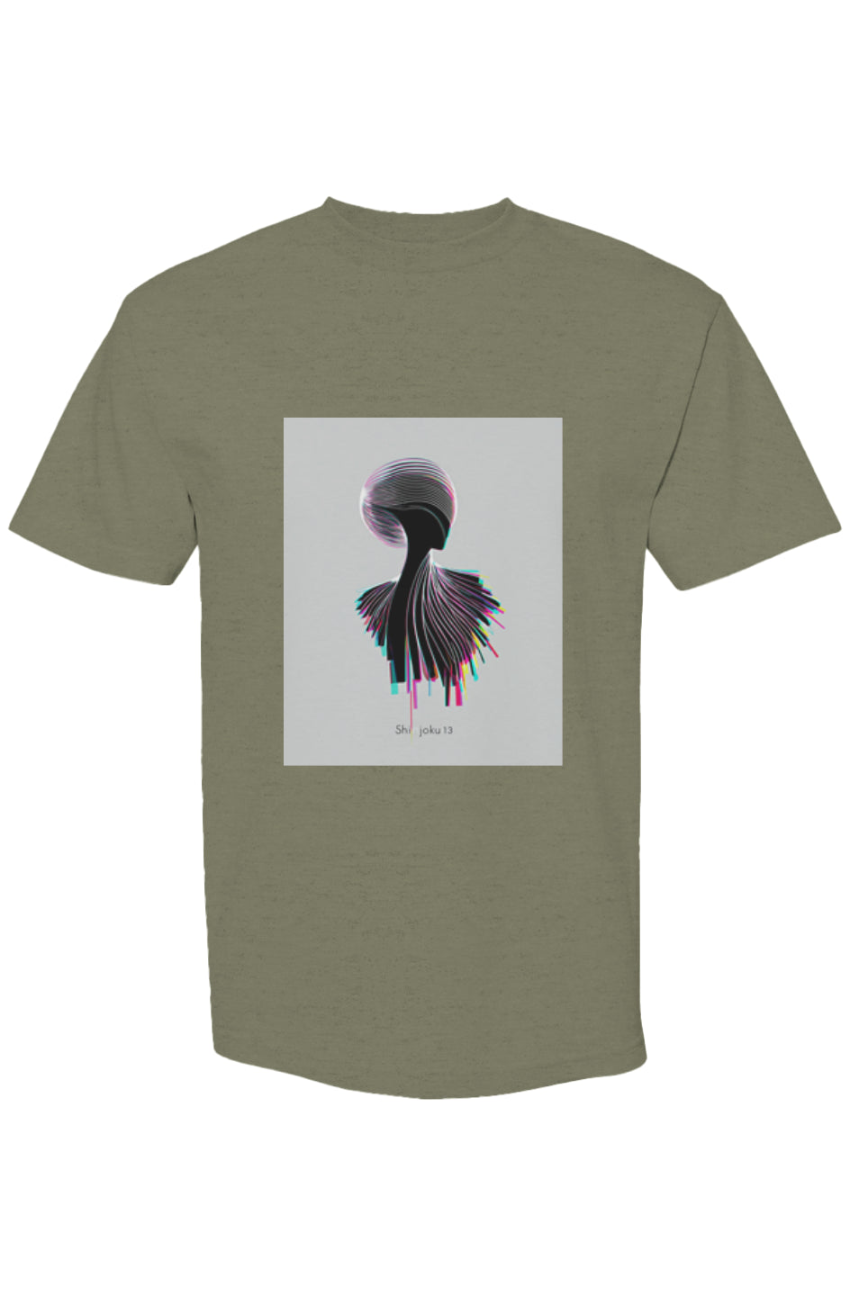 Heather-olive crew-neck T-shirt featuring abstract glitch-art bust profile, Shinjoku Streetwear XXXIII | Six 25 design, capturing digital-age expression in heavyweight cotton.