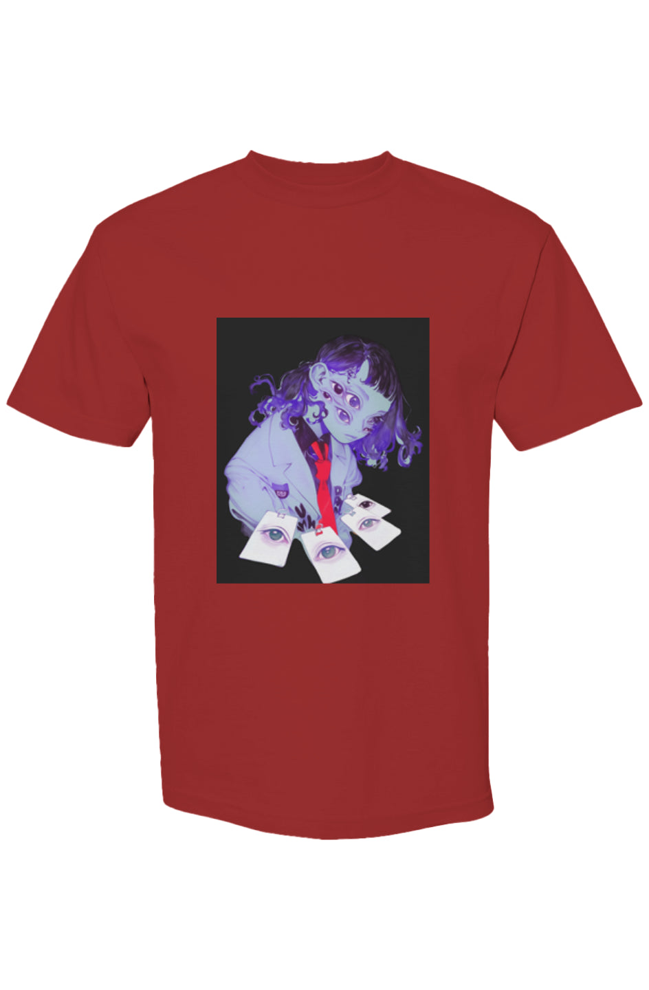 Shinjoku Streetwear XXXV | Six 25 T-shirt featuring a surreal anime character with multiple eyes, laying out eyeball cards, set on premium heavyweight cotton.