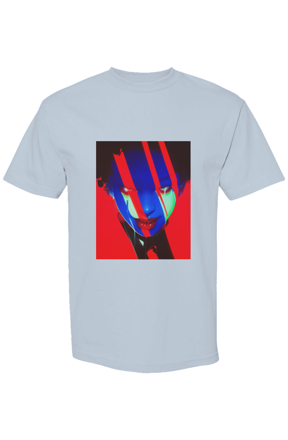 Light-blue T-shirt featuring a futuristic face graphic in neon colors, part of the Shinjoku Streetwear XXXVI | Six 25 collection, offering a modern urban aesthetic.