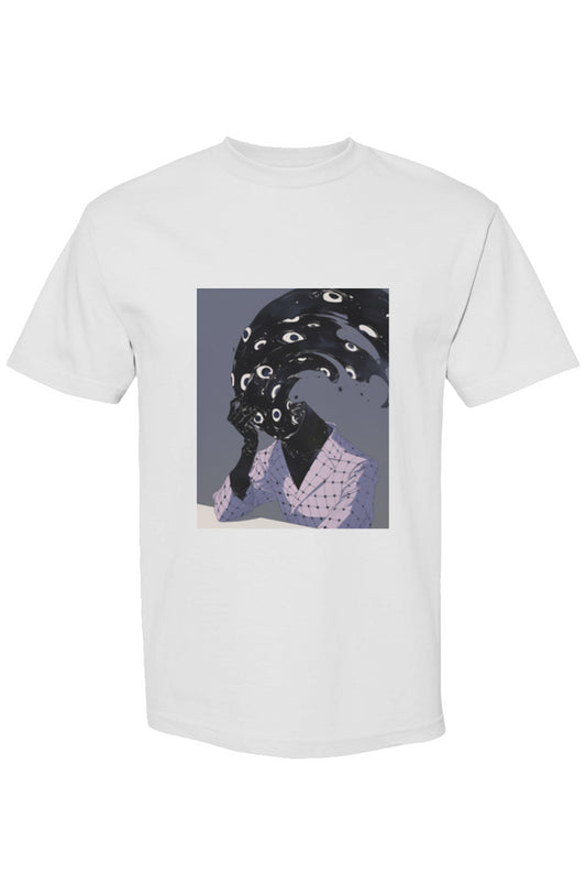 Shinjoku Streetwear XXXVII | Six 25 T-shirt features a surreal graphic of a figure with a black, inky swirl face and multiple eyes.