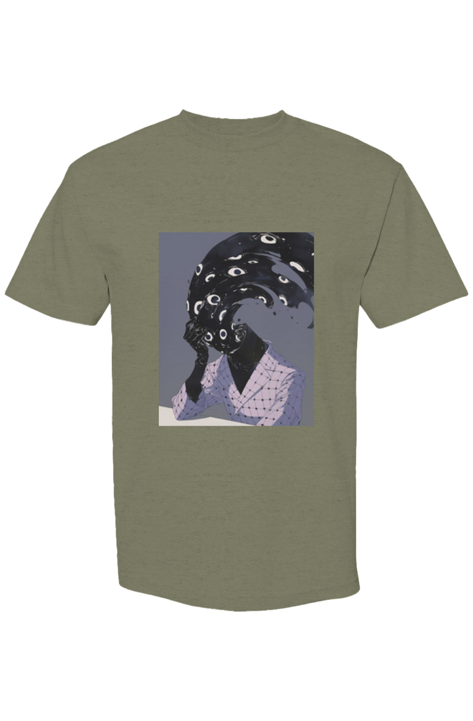 Olive-green T-shirt from Shinjoku Streetwear XXXVII | Six 25, featuring a surreal illustration of a figure with a swirling void head and floating eyes.