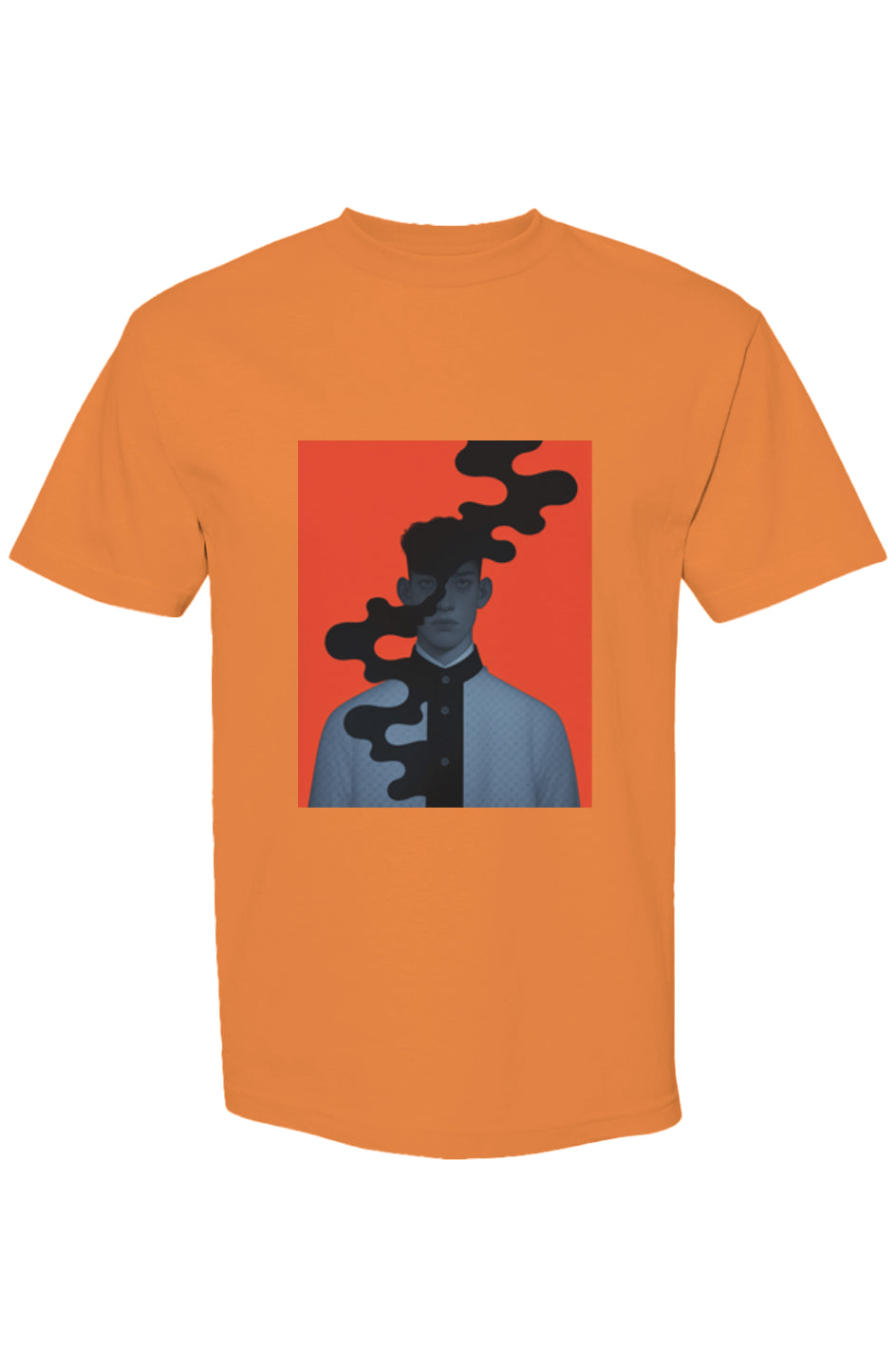 Shinjoku Streetwear XXXVIII | Six 25 features a plain orange T-shirt with a surreal graphic portrait, blending digital art and urban style.