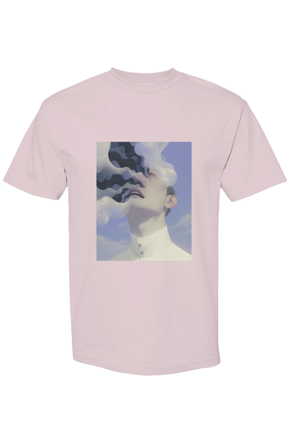 Shinjoku Streetwear XXXIX | Six 25: Pale-pink T-shirt featuring a surrealist portrait with dissolving facial features against a cloud-filled sky, emphasizing modern urban aesthetic.