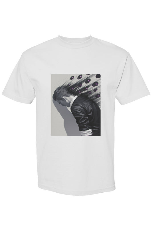 Shinjoku Streetwear XLI | Six 25 features a white T-shirt with a surreal graphic of a dissolving figure, merging streetwear style with digital art.