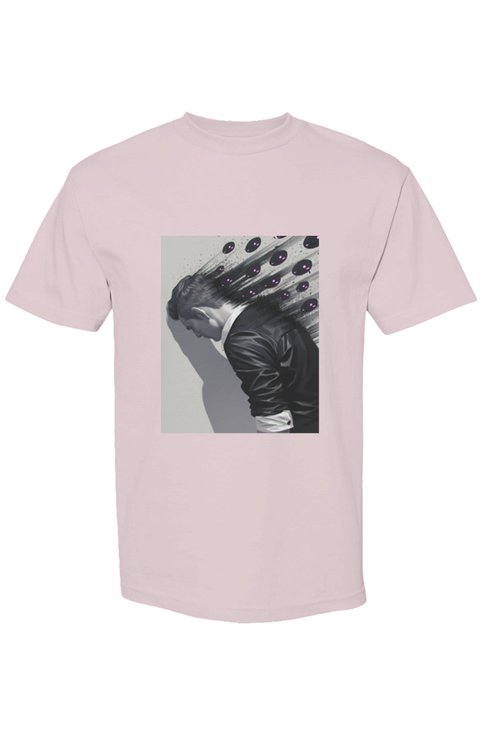 Shinjoku Streetwear XLI | Six 25 T-shirt featuring a surreal graphic of a man in a dark jacket with trailing black streaks and purple-eyed forms.