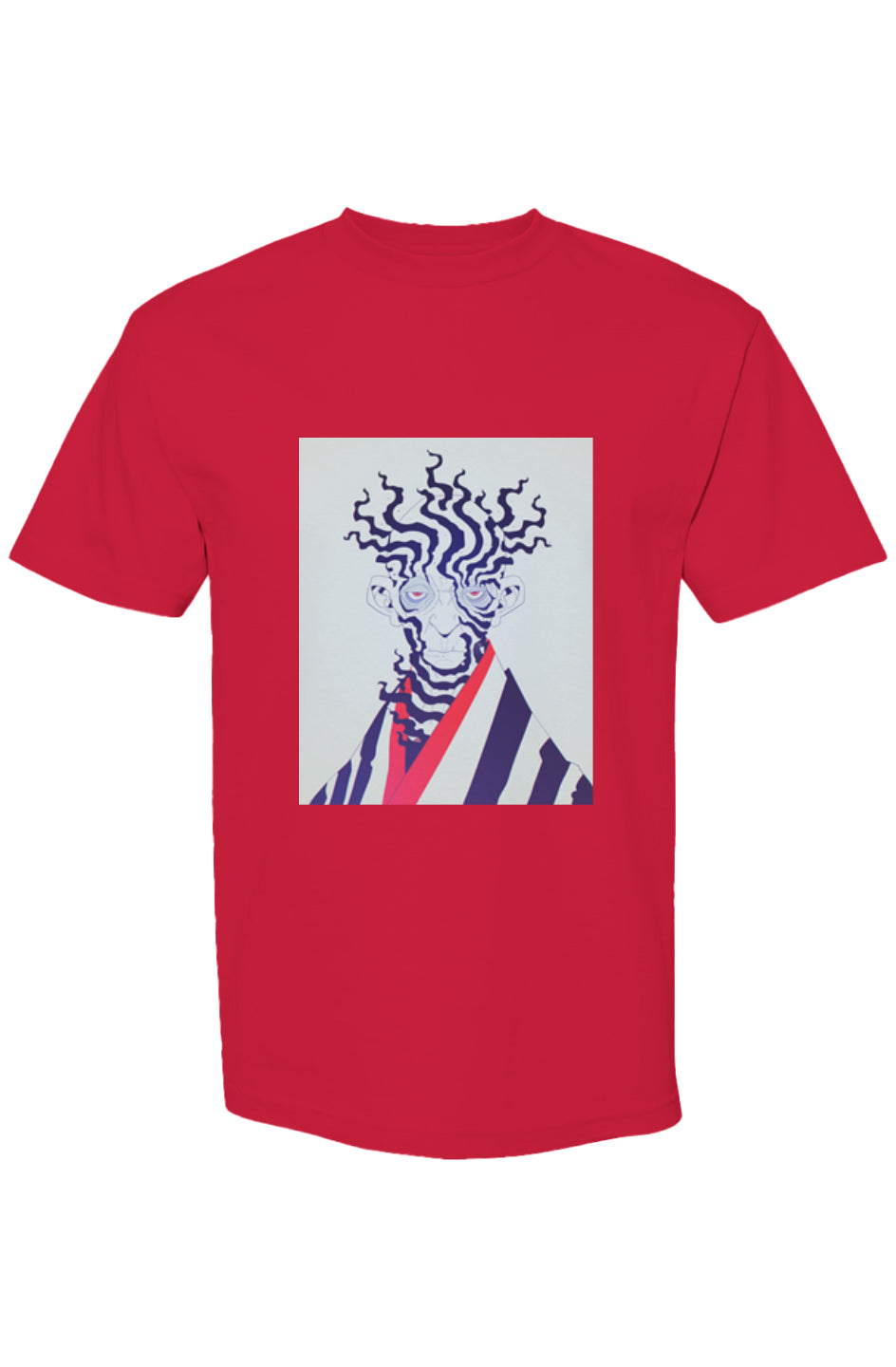 Shinjoku Streetwear XLII | Six 25 T-shirt features a surreal face graphic with wavy lines and striped cloak, on premium heavyweight cotton.