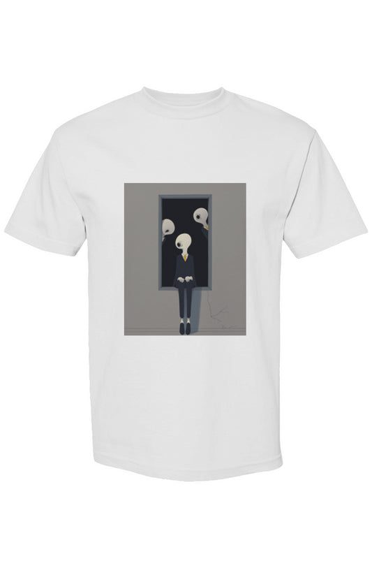 Shinjoku Streetwear XLIII | Six 25 T-shirt with surreal illustration: faceless figures with bird skull heads on a window, symbolizing modern urban aesthetics.