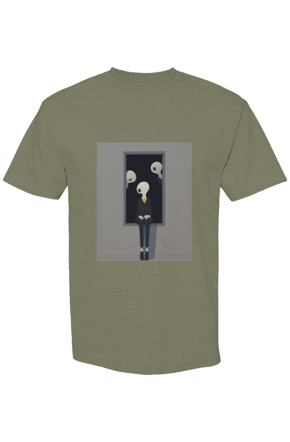 Shinjoku Streetwear XLIII | Six 25 T-shirt featuring skull-headed figures in suits, one sitting on a sill, others peering in, on heavyweight cotton.