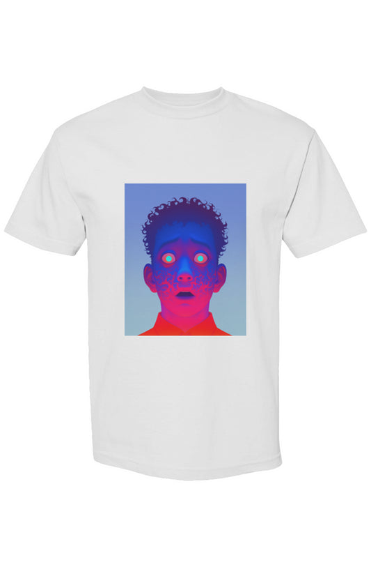 Shinjoku Streetwear XLIV | Six 25: White T-shirt featuring a vibrant, surreal neon portrait graphic with a blue-to-pink gradient on heavyweight cotton.
