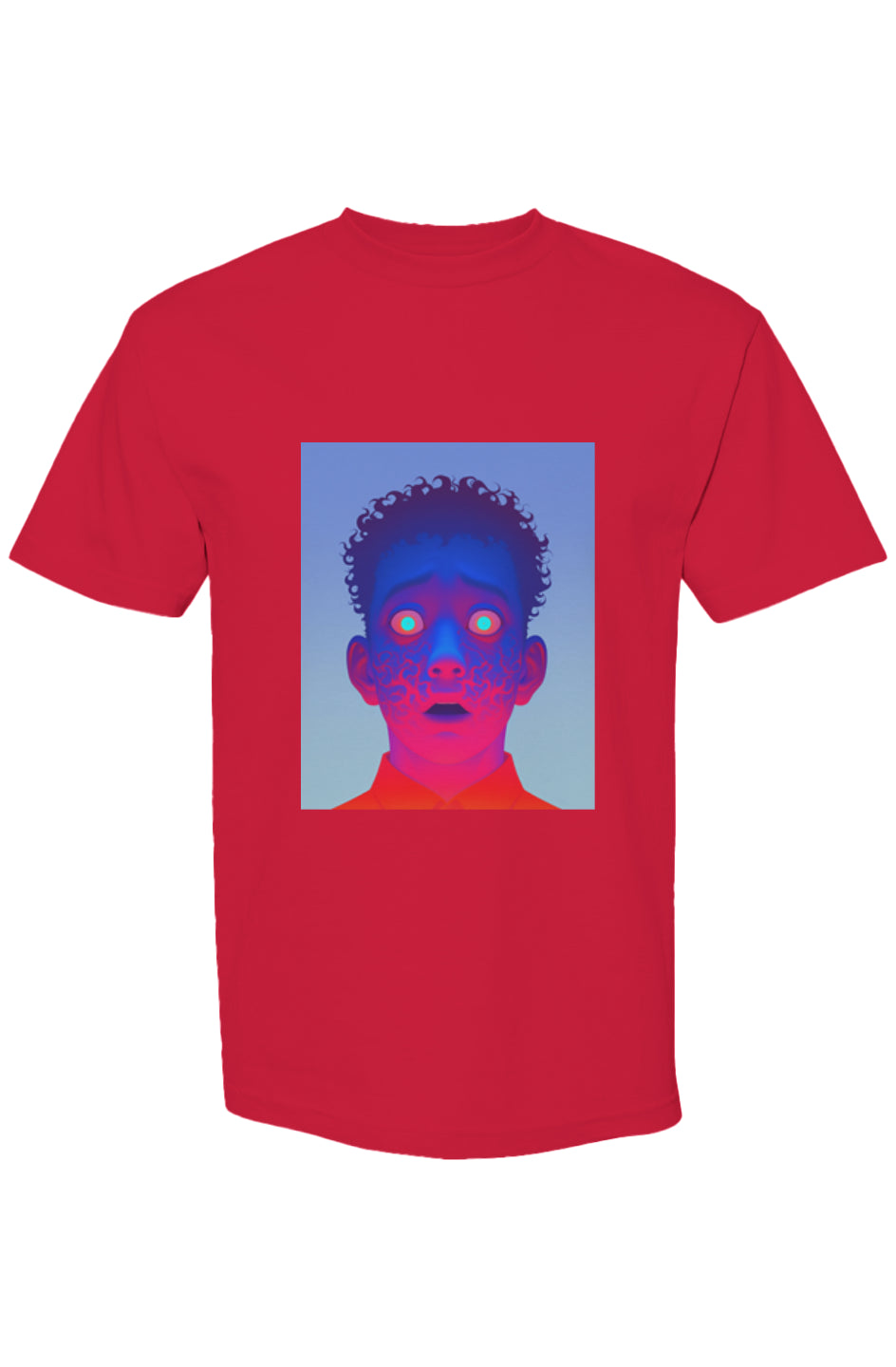 Red Shinjoku Streetwear XLIV Six 25 T-shirt with a neon-style human head graphic, showcasing digital artistry on premium cotton for a modern urban aesthetic.