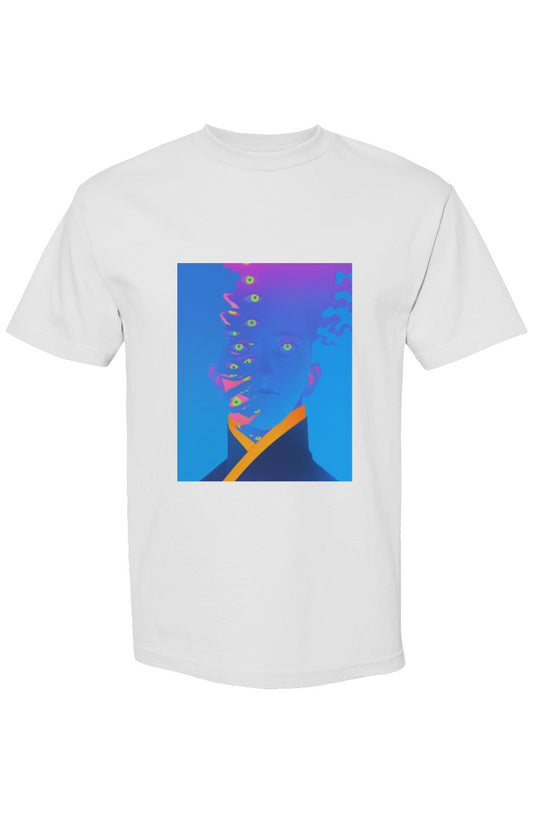 Shinjoku Streetwear XLV | Six 25 T-shirt featuring a surreal, neon-hued portrait with dissolving eyes, crafted on heavyweight cotton for a modern streetwear aesthetic.