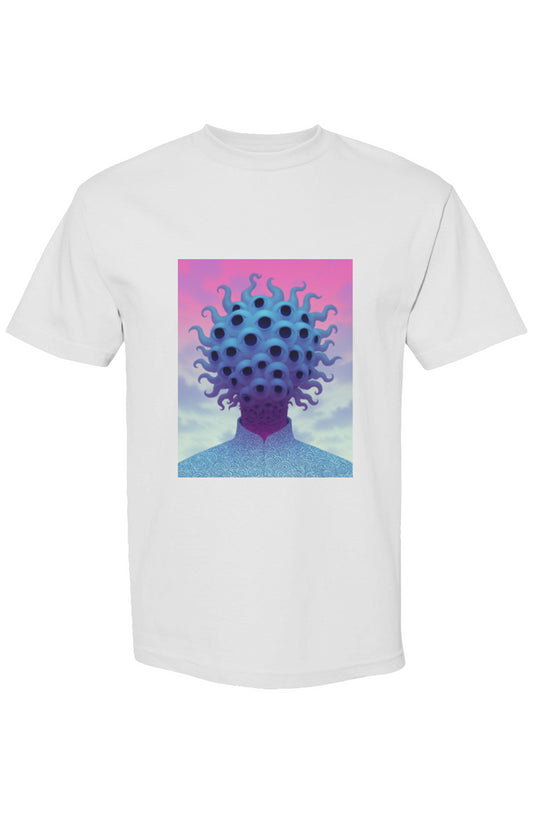 Shinjoku Streetwear XLVII | Six 25 T-shirt featuring a surreal headless torso with a tentacled sphere head, set against a pastel sky.