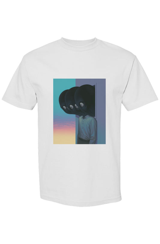 Shinjoku Streetwear L | Six 25: A white T-shirt featuring a surreal graphic of a figure with three balloon heads stepping through a portal.