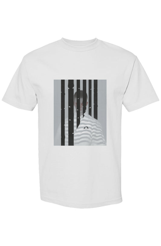Shinjoku Streetwear LIV | Six 25: A white tee featuring a grayscale portrait with overlaying black bars, creating a distressed collage effect.
