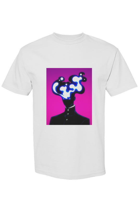 Shinjoku Streetwear LVI | Six 25: A white T-shirt featuring a surreal neon illustration of a headless figure with cloud-like smoke shapes, embodying urban digital artistry.