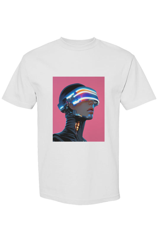 Shinjoku Streetwear LVII | Six 25 T-shirt featuring a cyberpunk android portrait on a white cotton background, showcasing futuristic elements and neon accents.
