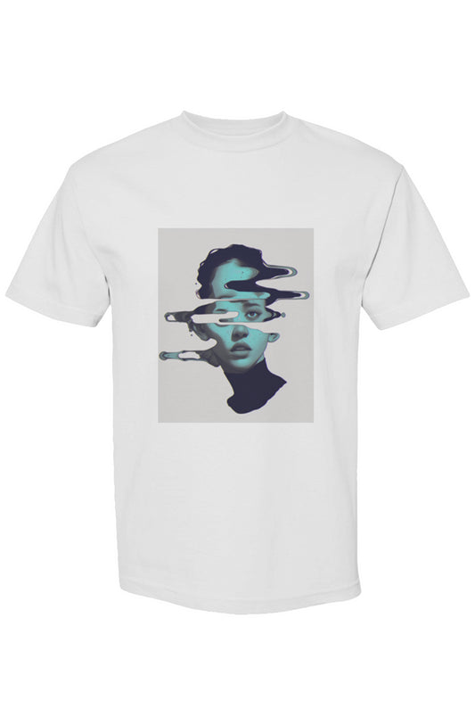Shinjoku Streetwear LIX | Six 25 T-shirt featuring a glitch-art woman's portrait, capturing digital-age aesthetics in teal and slate tones on a premium cotton canvas.