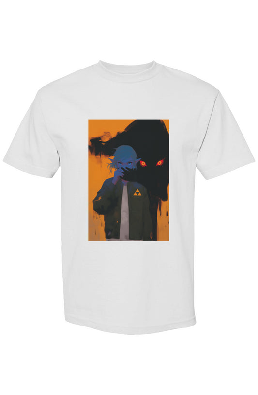Drewsidious Otaku Collection | Seven 25 T-shirt featuring a blue-skinned elf with a mask, Triforce symbol, and inky silhouette on premium cotton.