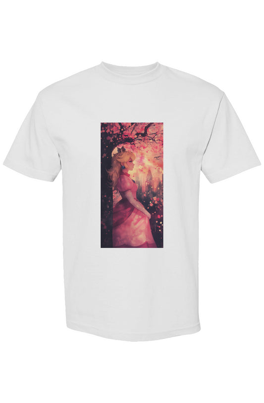 Drewsidious Otaku Collection II | Seven 25 T-shirt featuring anime-style blonde princess under cherry-blossom tree, sunset city skyline, on heavyweight cotton with relaxed fit.