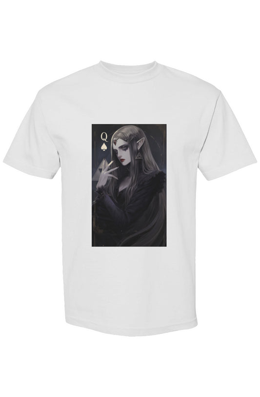 White T-shirt featuring Drewsidious Otaku Collection III | Seven 25, showcasing a gothic Queen of Spades motif with an elf-eared woman, offering a digital-age expression.