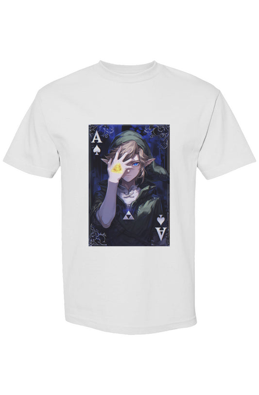 Drewsidious Otaku Collection IV | Seven 25 T-shirt featuring an Ace of Spades-inspired graphic with a hooded character holding a glowing Triforce emblem.