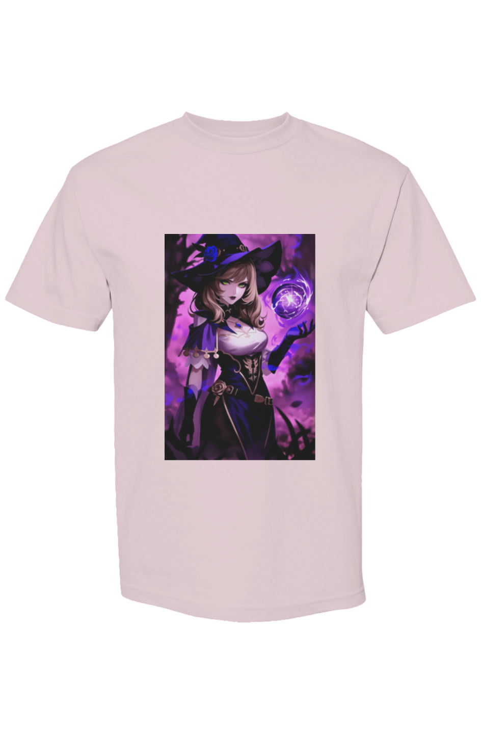 Light-colored T-shirt featuring a stylized anime-inspired witch central print from the Drewsidious Otaku Collection V | Seven 25, showcasing mystical digital artistry.