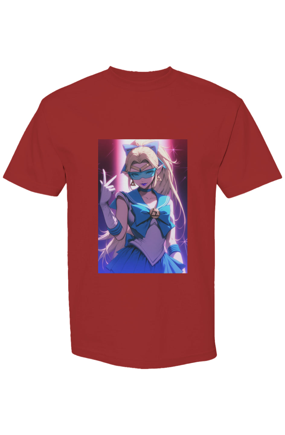 Red T-shirt with anime-style print from Drewsidious Otaku Collection VII | Seven 25, featuring a magical-girl in a blue sailor outfit against a starry background.