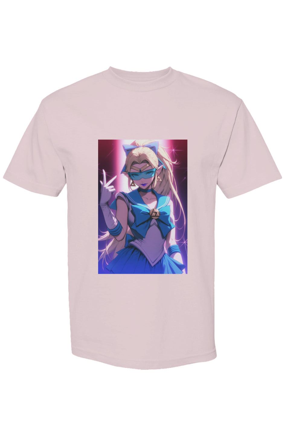 Light-colored crewneck T-shirt featuring a vibrant anime-style magical girl design from Drewsidious Otaku Collection | Seven 25, showcasing digital artistry and urban aesthetic.