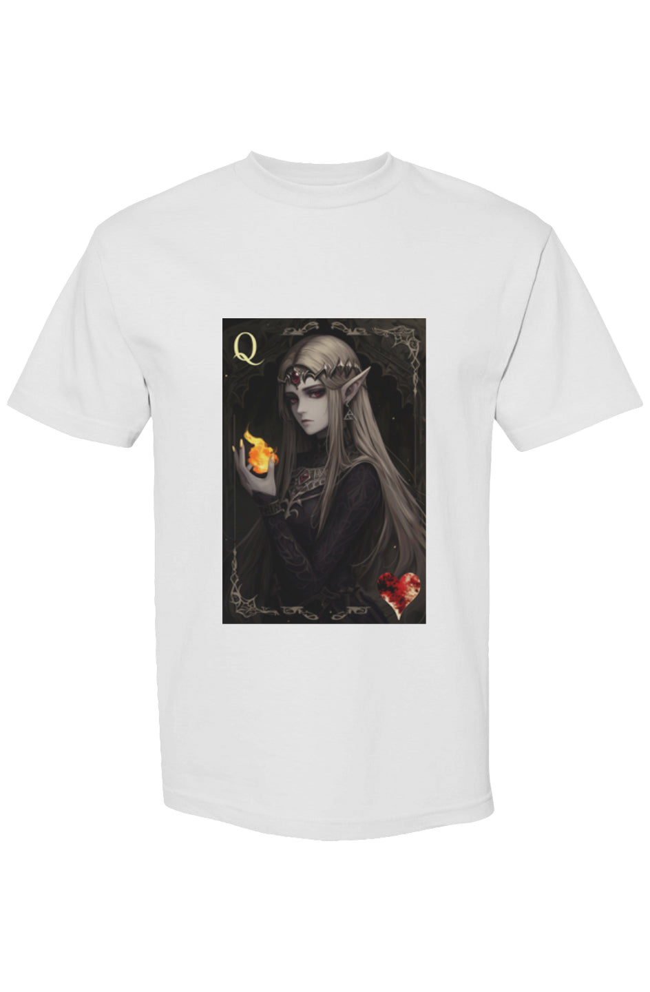 White T-shirt from Drewsidious Otaku Collection featuring an elf-queen in a playing card design, blending digital artistry with fantasy themes.
