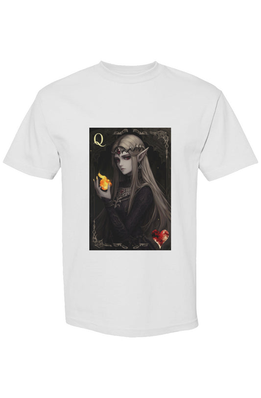 White T-shirt from Drewsidious Otaku Collection featuring an elf-queen in a playing card design, blending digital artistry with fantasy themes.
