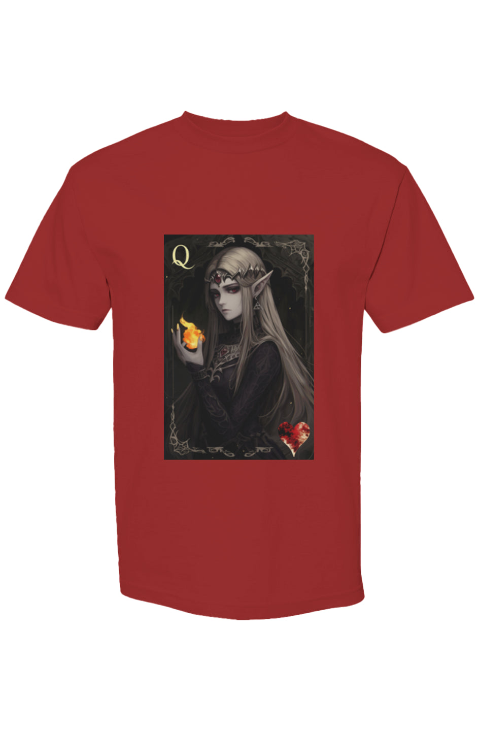 Red T-shirt featuring an elven queen illustration from Drewsidious Otaku Collection IX | Seven 25, blending gamer-style artistry with nerd culture themes.