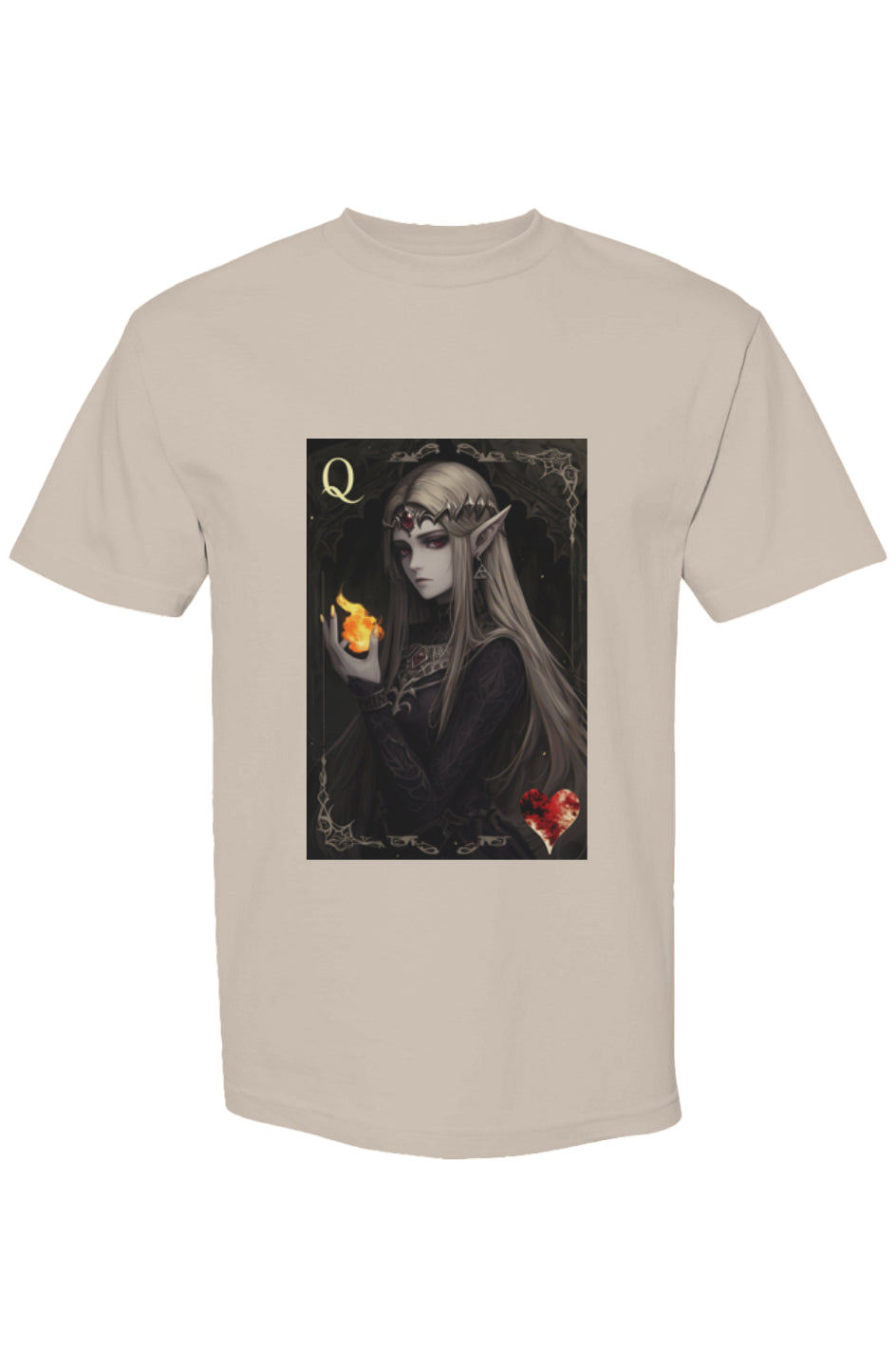 Beige T-shirt with fantasy art of an elven queen holding a flame, from Drewsidious Otaku Collection IX | Seven 25, featuring a playing-card motif.
