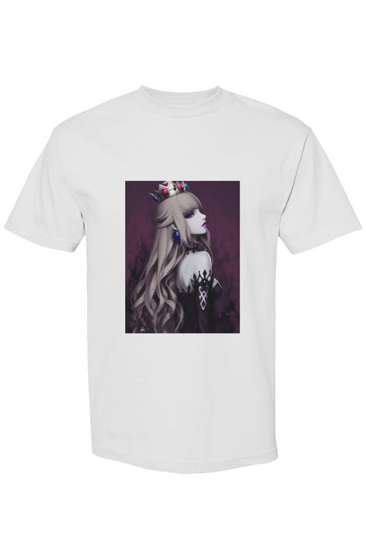 White T-shirt featuring gothic-style anime portrait of crowned woman, part of Drewsidious Otaku Collection X | Seven 25. Premium heavyweight cotton, boxy relaxed fit.