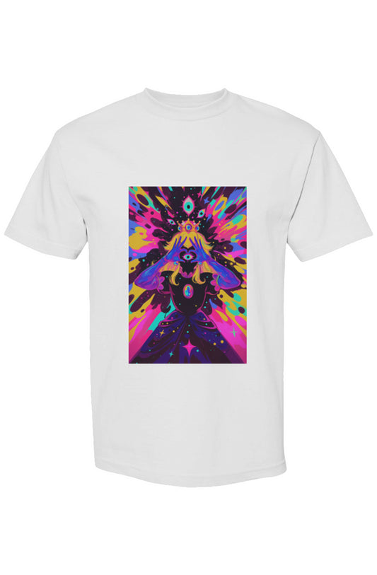 Drewsidious Otaku Collection XII | Seven 25 T-shirt featuring a crowned figure with a central eye, surrounded by vibrant, psychedelic graphics on a white backdrop.